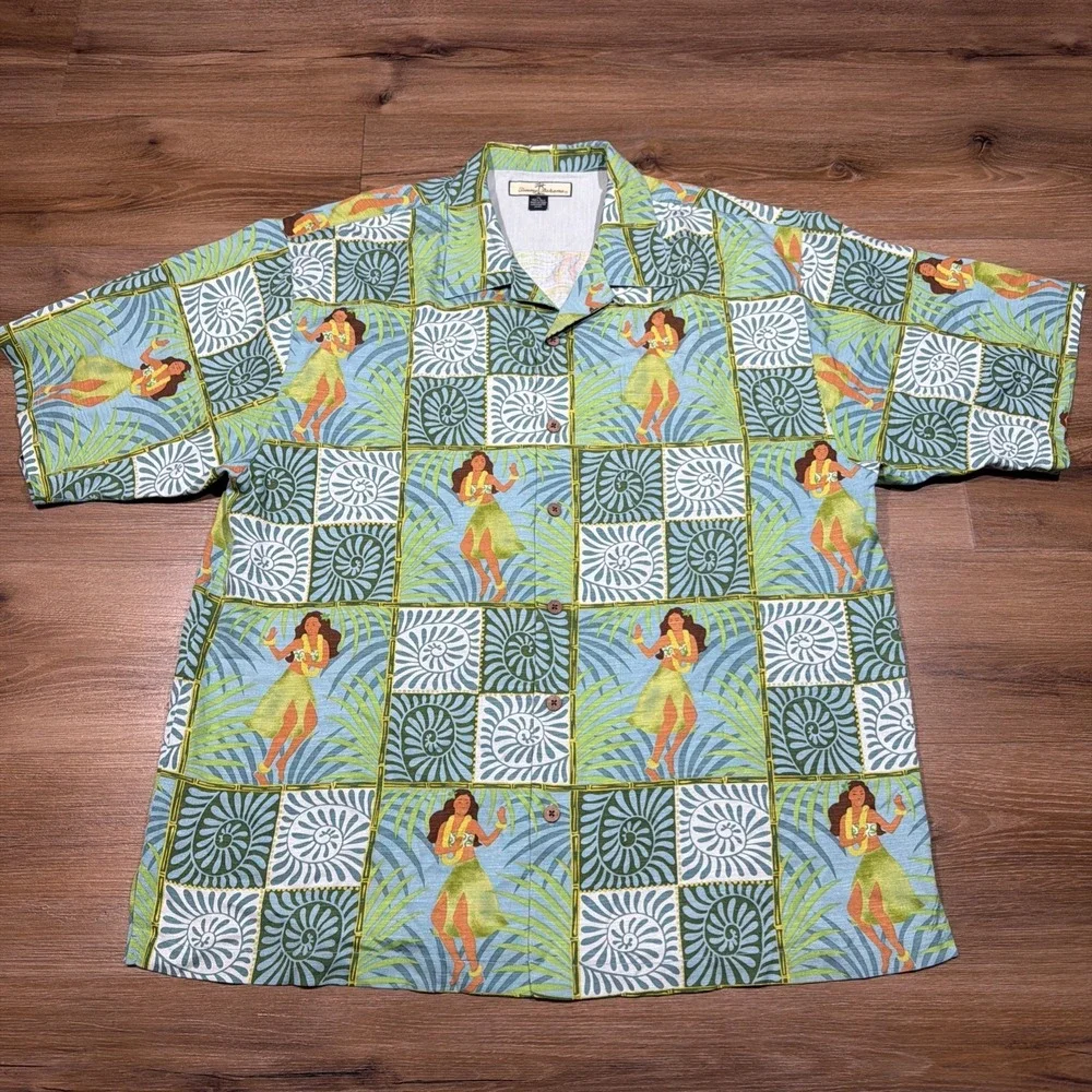 Tommy Bahama Shirt Mens XL Green Blue Hula Girl Hawaiian Silk Beach Casual Check